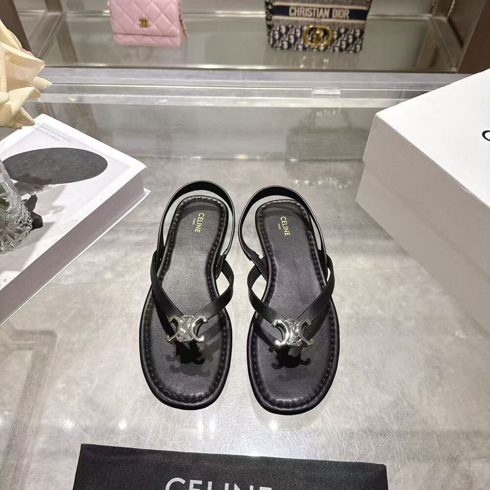 Celine Black Leather Triomphe Slingback Thong Sandals